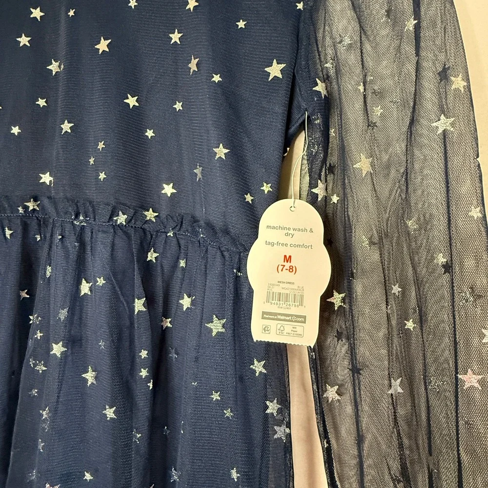 Wonder Nation Girls 7-8 Navy Silver Star Tulle Party Dress Long Sleeve NWT